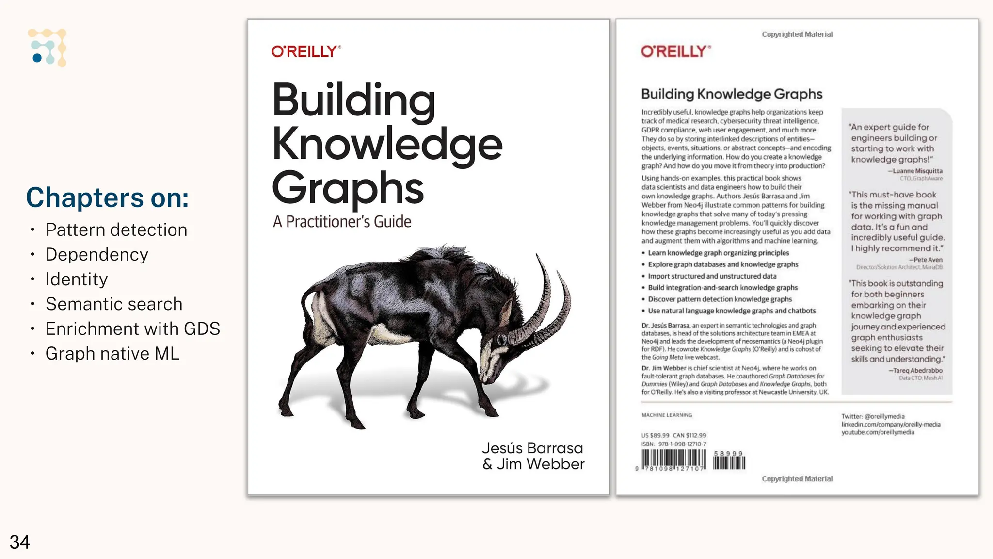 34
Chapters on:
• Pattern detection
• Dependency
• Identity
• Semantic search
• Enrichment with GDS
• Graph native ML
 
