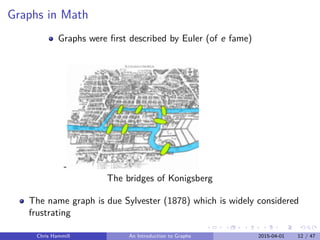 Graphs in Math
Graphs were ﬁrst described by Euler (of e fame)
-
The bridges of Konigsberg
The name graph is due Sylvester (1878) which is widely considered
frustrating
Chris Hammill An Introduction to Graphs 2015-04-01 12 / 47
 