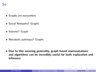 So
Graphs are everywhere
Social Networks? Graphs
Internet? Graph
Metabolic pathways? Graphs
Due to this amazing generality, graph based representations
and algorithms can be incredibly useful for both exploration and
inference
Chris Hammill An Introduction to Graphs 2015-04-01 17 / 47
 