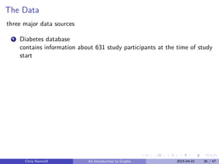 The Data
three major data sources
1 Diabetes database
contains information about 631 study participants at the time of study
start
Chris Hammill An Introduction to Graphs 2015-04-01 36 / 47
 