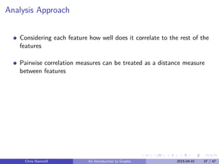 Analysis Approach
Considering each feature how well does it correlate to the rest of the
features
Pairwise correlation measures can be treated as a distance measure
between features
Chris Hammill An Introduction to Graphs 2015-04-01 37 / 47
 