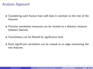 Analysis Approach
Considering each feature how well does it correlate to the rest of the
features
Pairwise correlation measures can be treated as a distance measure
between features
Correlations can be ﬁltered by signﬁcance level
Each signiﬁcant correlation can be viewed as an edge connecting the
two features
Chris Hammill An Introduction to Graphs 2015-04-01 37 / 47
 