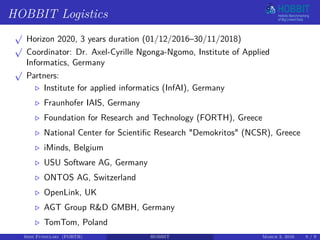 HOBBIT Logistics
√
Horizon 2020, 3 years duration (01/12/2016–30/11/2018)
√
Coordinator: Dr. Axel-Cyrille Ngonga-Ngomo, Institute of Applied
Informatics, Germany
√
Partners:
Institute for applied informatics (InfAI), Germany
Fraunhofer IAIS, Germany
Foundation for Research and Technology (FORTH), Greece
National Center for Scientiﬁc Research "Demokritos" (NCSR), Greece
iMinds, Belgium
USU Software AG, Germany
ONTOS AG, Switzerland
OpenLink, UK
AGT Group R&D GMBH, Germany
TomTom, Poland
Irini Fundulaki (FORTH) HOBBIT March 3, 2016 9 / 9
 