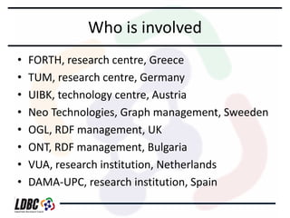 Who is involved
•
•
•
•
•
•
•
•

FORTH, research centre, Greece
TUM, research centre, Germany
UIBK, technology centre, Austria
Neo Technologies, Graph management, Sweeden
OGL, RDF management, UK
ONT, RDF management, Bulgaria
VUA, research institution, Netherlands
DAMA-UPC, research institution, Spain

 