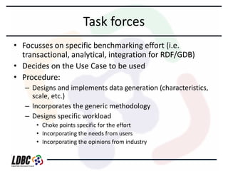 Task forces
• Focusses on specific benchmarking effort (i.e.
transactional, analytical, integration for RDF/GDB)
• Decides on the Use Case to be used
• Procedure:
– Designs and implements data generation (characteristics,
scale, etc.)
– Incorporates the generic methodology
– Designs specific workload
• Choke points specific for the effort
• Incorporating the needs from users
• Incorporating the opinions from industry

 