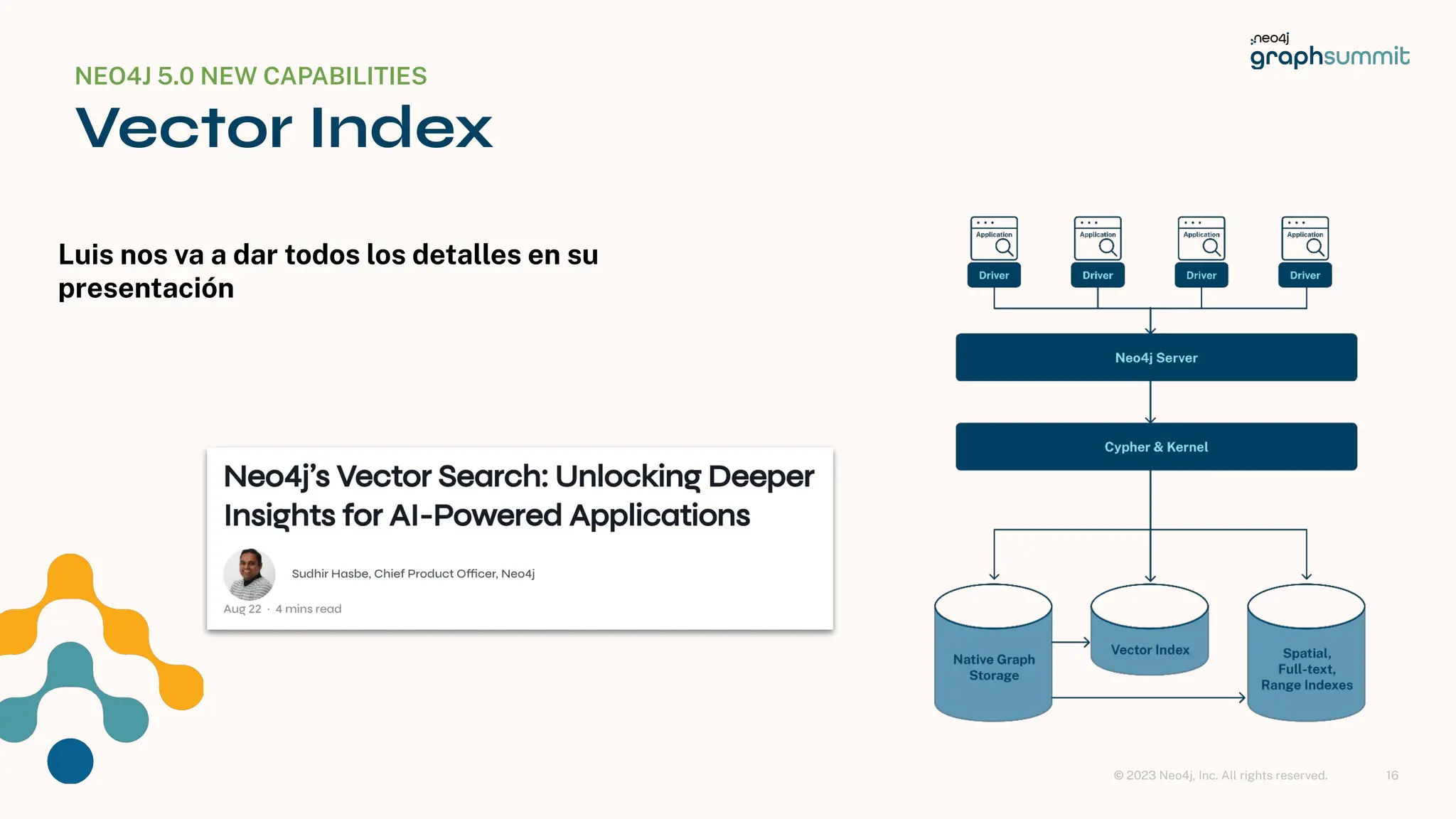 © 2023 Neo4j, Inc. All rights reserved.
Luis nos va a dar todos los detalles en su
presentación
NEO4J 5.0 NEW CAPABILITIES
Vector Index
16
 
