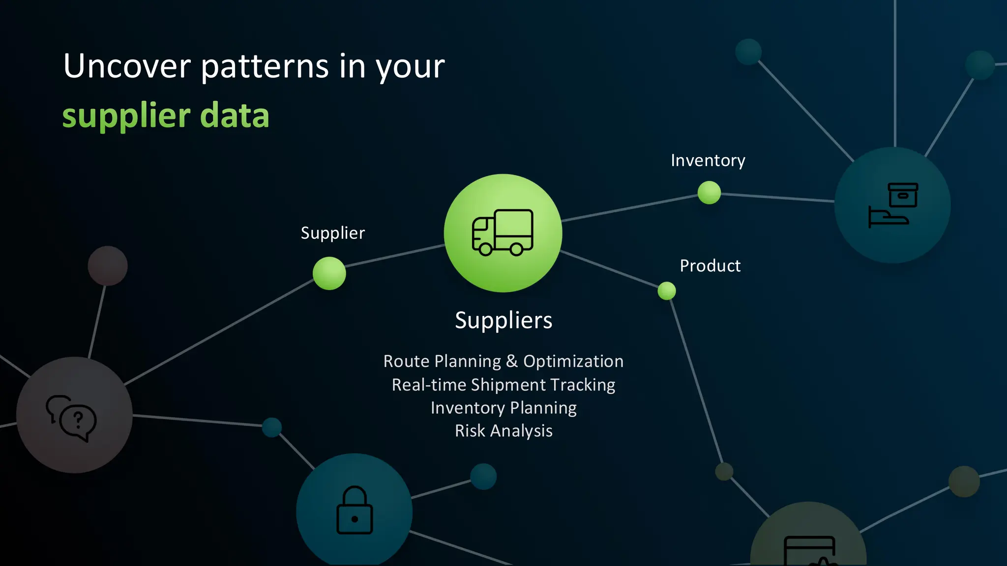 Supplier
Inventory
Product
Suppliers
Route Planning & Optimization
Real-time Shipment Tracking
Inventory Planning
Risk Analysis
Uncover patterns in your
supplier data
 