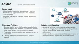 Adidas Shared Meta Data Service
20 Knowledge Management
Background
• Global leader in sporting goods industry services
firm footware, apparel, hardware, 14.5 bln sales,
53,000 people
• Multitude of products, markets, media, assets and
audiences
Business Problem
• Beset by a wide array of information silos including
data about products, markets, social media, master
data, digital assets, brand content and more
• Provide the most compelling and relevant content to
consumers
• Offering enhanced recommendations to drive
revenue
Solution and Benefits
• Save time and cost through stadardized access to
content sharing-system with internal teams, partners,
IT units, fast, reliable, searchable avoiding
reduandancy
• Inprove customer experience and increase revenue by
providing relevant content and recommentations
 