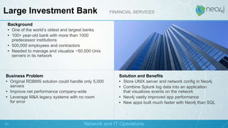 Business Problem
• Original RDBMS solution could handle only 5,000
servers
• Improve net performance company-wide
• Leverage M&A legacy systems with no room
for error
Solution and Benefits
• Store UNIX server and network config in Neo4j
• Combine Splunk log data into an application
that visualizes events on the network
• Neo4j vastly improved app performance
• New apps built much faster with Neo4j than SQL
Large Investment Bank FINANCIAL SERVICES
Network and IT Operations41
Background
• One of the world’s oldest and largest banks
• 100+ year-old bank with more than 1000
predecessor institutions
• 500,000 employees and contractors
• Needed to manage and visualize ~50,000 Unix
servers in its network
 