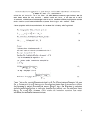 International journal on applications of graph theory in wireless ad hoc networks and sensor networks
(GRAPH-HOC) Vol.5, No.4, December 2013

arrival rate and the service rate is less than 1, the node does not experience packet losses. On the
other hand, when the ratio exceeds 1, packet losses will occur. In the case of MANET
architecture, each node will have one packet selected for transmission from its neighbors and one
packet from its source is also transmitted each time the node goes into “transmit” mode.
For the proposed multi-hop connectivity, we can write the following set of equations:

Figure 7 shows the computed throughput at each node for different values of degrees. It is seen
that as the degree of the node increases, the throughput decreases since the contention resolution
time increases for packets from multiple sources. Figure 8 shows the delay due to contention
resolution and scheduling time at each node. It can be observed that when the node has a higher
degree, the overall delay increases, which includes the contention resolution time, packet
scheduling time and packet transmission time.

14

 