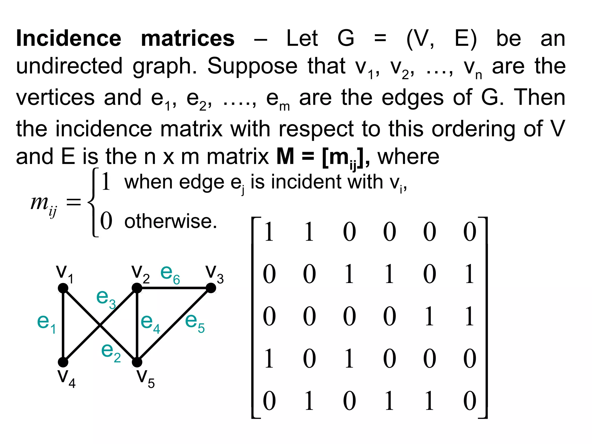 Incidence matrices – Let G = (V, E) be an
undirected graph. Suppose that v1, v2, …, vn are the
vertices and e1, e2, …., em are the edges of G. Then
the incidence matrix with respect to this ordering of V
and E is the n x m matrix M = [mij], where

1
mij = 
0
v1
e1
v4

e3
e2

when edge ej is incident with vi,
otherwise.

v 2 e6
e4
v5

v3
e5

1
0

0

1
0


1 0 0 0 0

0 1 1 0 1
0 0 0 1 1

0 1 0 0 0
1 0 1 1 0


 