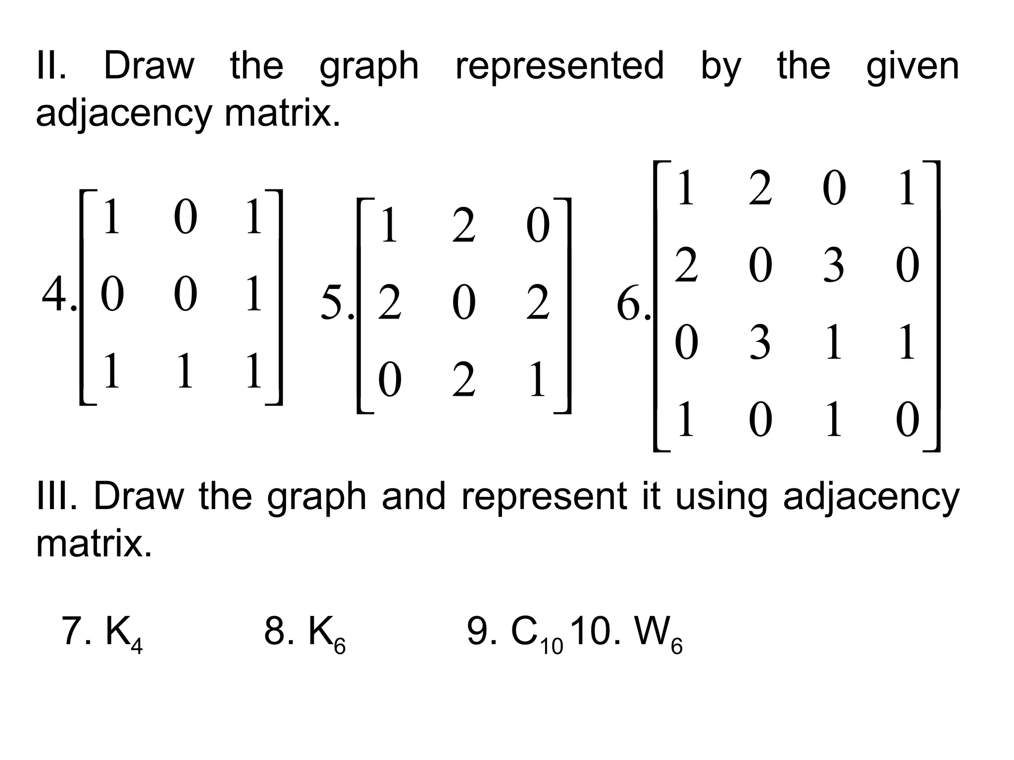 II. Draw the graph represented by the given
adjacency matrix.

1 0 1 1 2 0
0 0 1 

4.
 5.2 0 2
1 1 1 0 2 1 

 


1
2
6.
0

1

2 0 1

0 3 0
3 1 1

0 1 0

III. Draw the graph and represent it using adjacency
matrix.
7. K4

8. K6

9. C10 10. W6

 