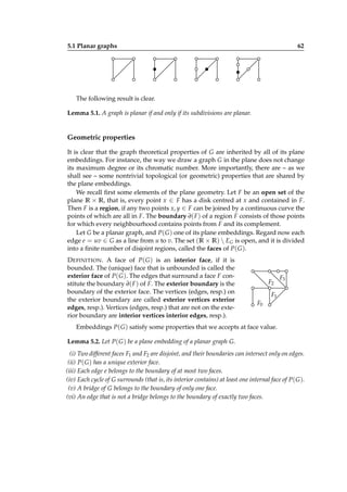 5.1 Planar graphs

62

The following result is clear.
Lemma 5.1. A graph is planar if and only if its subdivisions are planar.

Geometric properties
It is clear that the graph theoretical properties of G are inherited by all of its plane
embeddings. For instance, the way we draw a graph G in the plane does not change
its maximum degree or its chromatic number. More importantly, there are – as we
shall see – some nontrivial topological (or geometric) properties that are shared by
the plane embeddings.
We recall ﬁrst some elements of the plane geometry. Let F be an open set of the
plane R × R, that is, every point x ∈ F has a disk centred at x and contained in F.
Then F is a region, if any two points x, y ∈ F can be joined by a continuous curve the
points of which are all in F. The boundary ∂( F ) of a region F consists of those points
for which every neighbourhood contains points from F and its complement.
Let G be a planar graph, and P( G ) one of its plane embeddings. Regard now each
edge e = uv ∈ G as a line from u to v. The set (R × R )  EG is open, and it is divided
into a ﬁnite number of disjoint regions, called the faces of P( G ).
D EFINITION . A face of P( G ) is an interior face, if it is
bounded. The (unique) face that is unbounded is called the
exterior face of P( G ). The edges that surround a face F constitute the boundary ∂( F ) of F. The exterior boundary is the
boundary of the exterior face. The vertices (edges, resp.) on
the exterior boundary are called exterior vertices exterior
edges, resp.). Vertices (edges, resp.) that are not on the exterior boundary are interior vertices interior edges, resp.).

F2

F3

F1
F0

Embeddings P( G ) satisfy some properties that we accepts at face value.
Lemma 5.2. Let P( G ) be a plane embedding of a planar graph G.
(i) Two different faces F1 and F2 are disjoint, and their boundaries can intersect only on edges.
(ii) P( G ) has a unique exterior face.
(iii) Each edge e belongs to the boundary of at most two faces.
(iv) Each cycle of G surrounds (that is, its interior contains) at least one internal face of P( G ).
(v) A bridge of G belongs to the boundary of only one face.
(vi) An edge that is not a bridge belongs to the boundary of exactly two faces.

 