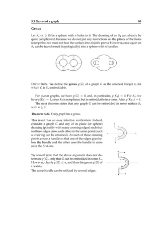 5.3 Genus of a graph

80

Genus
Let Sn (n ≥ 0) be a sphere with n holes in it. The drawing of an S4 can already be
quite complicated, because we do not put any restrictions on the places of the holes
(except that we must not tear the surface into disjoint parts). However, once again an
Sn can be transformed (topologically) into a sphere with n handles.

 ¡¢  ¡¢
£¤¥ £¤¥

D EFINITION . We deﬁne the genus g( G ) of a graph G as the smallest integer n, for
which G is Sn -embeddable.
For planar graphs, we have g( G ) = 0, and, in particular, g(K4 ) = 0. For K5 , we
have g(K5 ) = 1, since K5 is nonplanar, but is embeddable in a torus. Also, g(K3,3 ) = 1.
The next theorem states that any graph G can be embedded in some surface Sn
with n ≥ 0.
Theorem 5.20. Every graph has a genus.
This result has an easy intuitive veriﬁcation. Indeed,
consider a graph G and any of its plane (or sphere)
drawing (possibly with many crossing edges) such that
no three edges cross each other in the same point (such
a drawing can be obtained). At each of these crossing
points create a handle so that one of the edges goes below the handle and the other uses the handle to cross
over the ﬁrst one.
We should note that the above argument does not determine g( G ), only that G can be embedded in some Sn .
However, clearly g( G ) ≤ n, and thus the genus g( G ) of
G exists.
The same handle can be utilized by several edges.

 ¡¢
£¤¥

 ¡¢
£¤¥

 