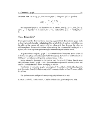 5.3 Genus of a graph

83

Theorem 5.29. For each g ≥ 1, there exists a graph G with genus g( G ) = g so that
χ( G ) =

7+

1 + 48g
2

.

If a nonplanar graph G can be embedded in a torus, then g( G ) = 1, and χ( G ) ≤
⌊(7 + 1 + 48g)/2⌋ = 7. Moreover, for G = K7 we have that χ(K7 ) = 7 and g(K7 ) =
1.

Three dimensions∗
Every graph can be drawn without crossing edges in the 3-dimensional space. Such
a drawing is called spatial embedding of the graph. Indeed, such an embedding can
be achieved by putting all vertices of G on a line, and then drawing the edges in
different planes that contain the line. Alternatively, the vertices of G can be put in a
sphere, and drawing the edges as straight lines crossing the sphere inside.
A spatial embedding of a graph G is said to have linked cycles, if two cycles of
G form a link (they cannot be separated in the space). By C ONWAY and G ORDON in
1983 every spatial embedding of K6 contains linked cycles.
It was shown by R OBERTSON , S EYMOUR AND T HOMAS (1993) that there is a set
of 7 graphs such that a graph G has a spatial embedding without linked cycles if and
only if G does not have a minor belonging to this set.
This family of forbidden graphs was originally found by S ACHS (without proof),
and it contains K6 and the Petersen graph. Every graph in the set has 15 edges, which
is curious.
For further results and proofs concerning graphs in surfaces, see
B. M OHAR

AND

C. T HOMASSEN, “Graphs on Surfaces”, Johns Hopkins, 2001.

 