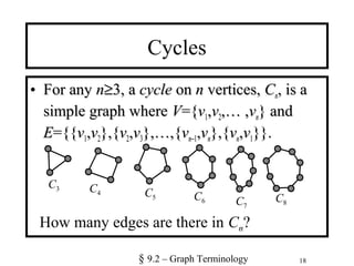 18
Cycles
• For anyFor any nn≥≥3, a3, a cyclecycle onon nn vertices,vertices, CCnn, is a, is a
simple graph wheresimple graph where VV={={vv11,,vv22,… ,,… ,vvnn} and} and
EE={{={{vv11,,vv22},{},{vv22,,vv33},…,{},…,{vvnn−−11,,vvnn},{},{vvnn,,vv11}}.}}.
C3 C4 C5 C6 C7
C8
How many edges are there in Cn?
§ 9.2 – Graph Terminology
 