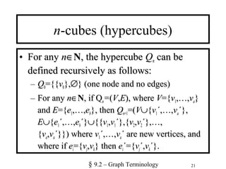 21
n-cubes (hypercubes)
• For anyFor any nn∈∈NN, the hypercube, the hypercube QQnn can becan be
defined recursively as follows:defined recursively as follows:
– QQ00={{={{vv00},},∅∅} (one node and no edges)} (one node and no edges)
– For anyFor any nn∈∈NN, if Q, if Qnn==((VV,,EE), where), where VV={={vv11,…,,…,vvaa}}
andand EE={={ee11,…,,…,eebb}, then}, then QQnn+1+1=(=(VV∪∪{{vv11´,…,´,…,vvaa´},´},
EE∪∪{{ee11´,…,´,…,eebb´}´}∪∪{{{{vv11,,vv11´},{´},{vv22,,vv22´},…,´},…,
{{vvaa,,vvaa´}}) where´}}) where vv11´,…,´,…,vvaa´ are new vertices, and´ are new vertices, and
where ifwhere if eeii={={vvjj,,vvkk} then} then eeii´={´={vvjj´,´,vvkk´}.´}.
§ 9.2 – Graph Terminology
 