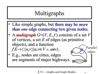 4
Multigraphs
• Like simple graphs, butLike simple graphs, but there may bethere may be moremore
than onethan one edge connecting two given nodesedge connecting two given nodes..
• AA multigraphmultigraph GG=(=(VV,, EE,, ff ) consists of a set) consists of a set VV
of vertices, a setof vertices, a set EE of edges (as primitiveof edges (as primitive
objects), and a functionobjects), and a function
ff::EE→→{{{{uu,,vv}|}|uu,,vv∈∈VV ∧∧ uu≠≠vv}.}.
• E.g., nodes are cities, edgesE.g., nodes are cities, edges
are segments of major highways.are segments of major highways.
Parallel
edges
§ 9.1 – Graphs and Graph Models
 