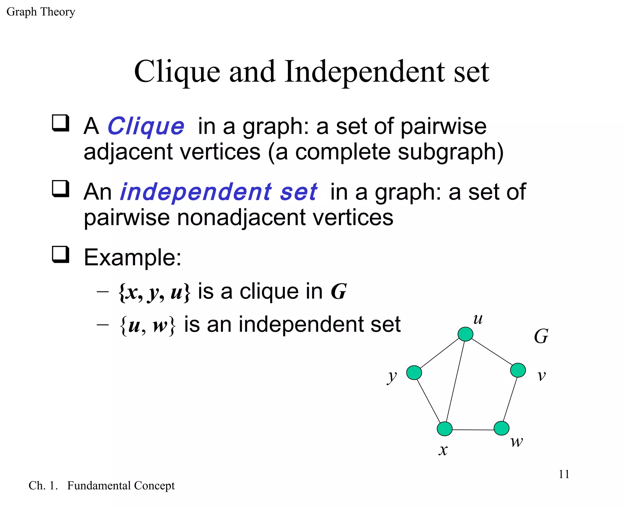 Graph Theory
Ch. 1. Fundamental Concept
11
Clique and Independent set
 A Clique in a graph: a set of pairwise
adjacent vertices (a complete subgraph)
 An independent set in a graph: a set of
pairwise nonadjacent vertices
 Example:
– {x, y, u} is a clique in G
– {u, w} is an independent set G
u
v
wx
y
 