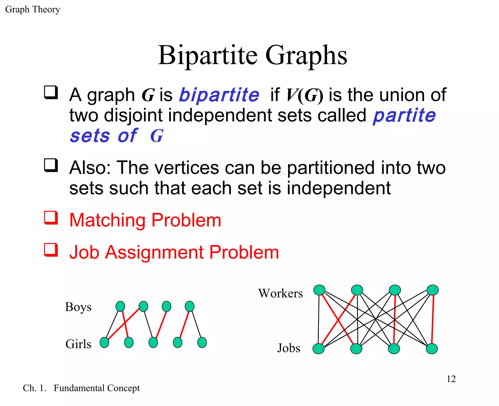 Graph Theory
Ch. 1. Fundamental Concept
12
Bipartite Graphs
 A graph G is bipartite if V(G) is the union of
two disjoint independent sets called partite
sets of G
 Also: The vertices can be partitioned into two
sets such that each set is independent
 Matching Problem
 Job Assignment Problem
Workers
Jobs
Boys
Girls
 