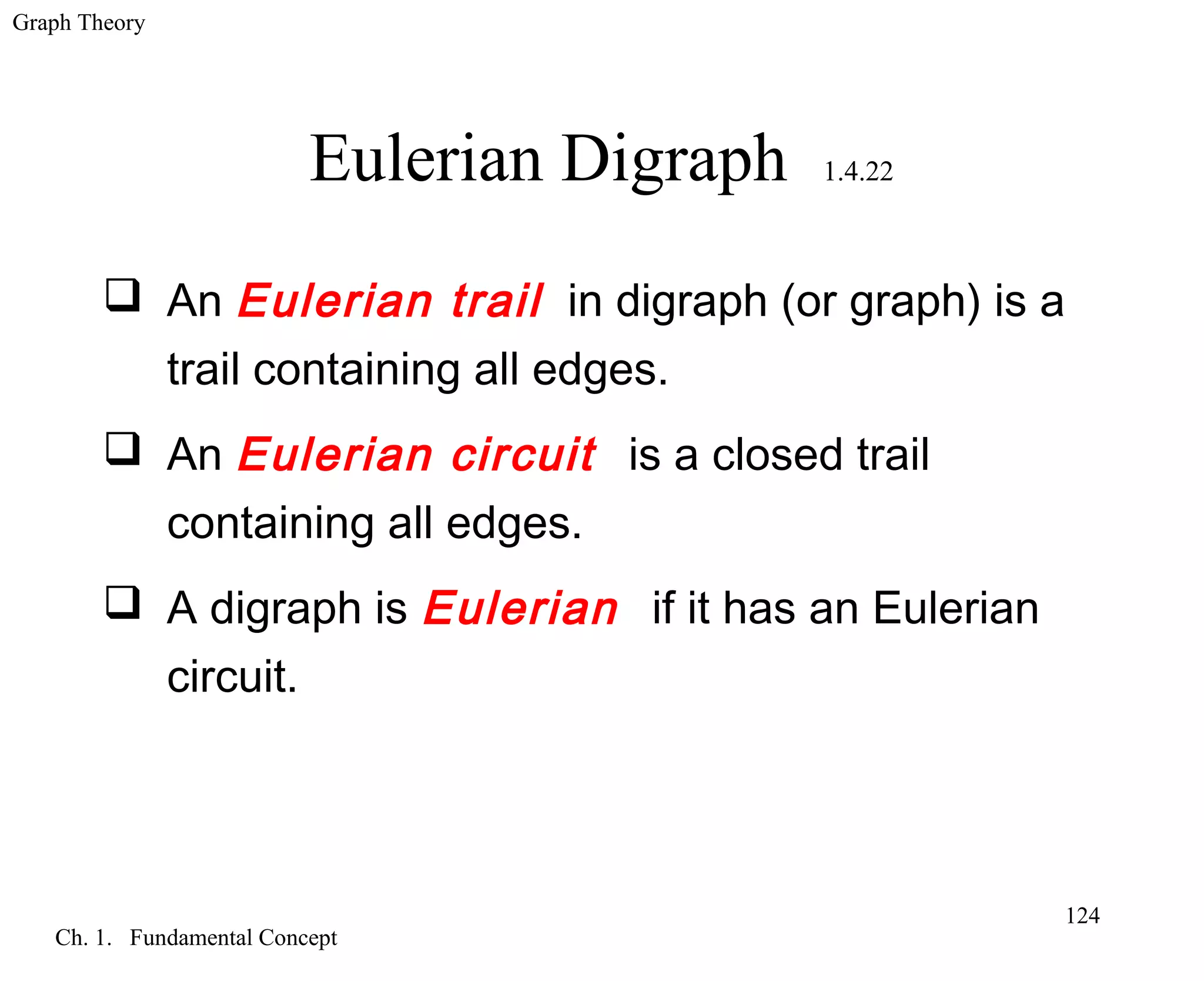 Graph Theory
Ch. 1. Fundamental Concept
124
Eulerian Digraph 1.4.22
 An Eulerian trail in digraph (or graph) is a
trail containing all edges.
 An Eulerian circuit is a closed trail
containing all edges.
 A digraph is Eulerian if it has an Eulerian
circuit.
 