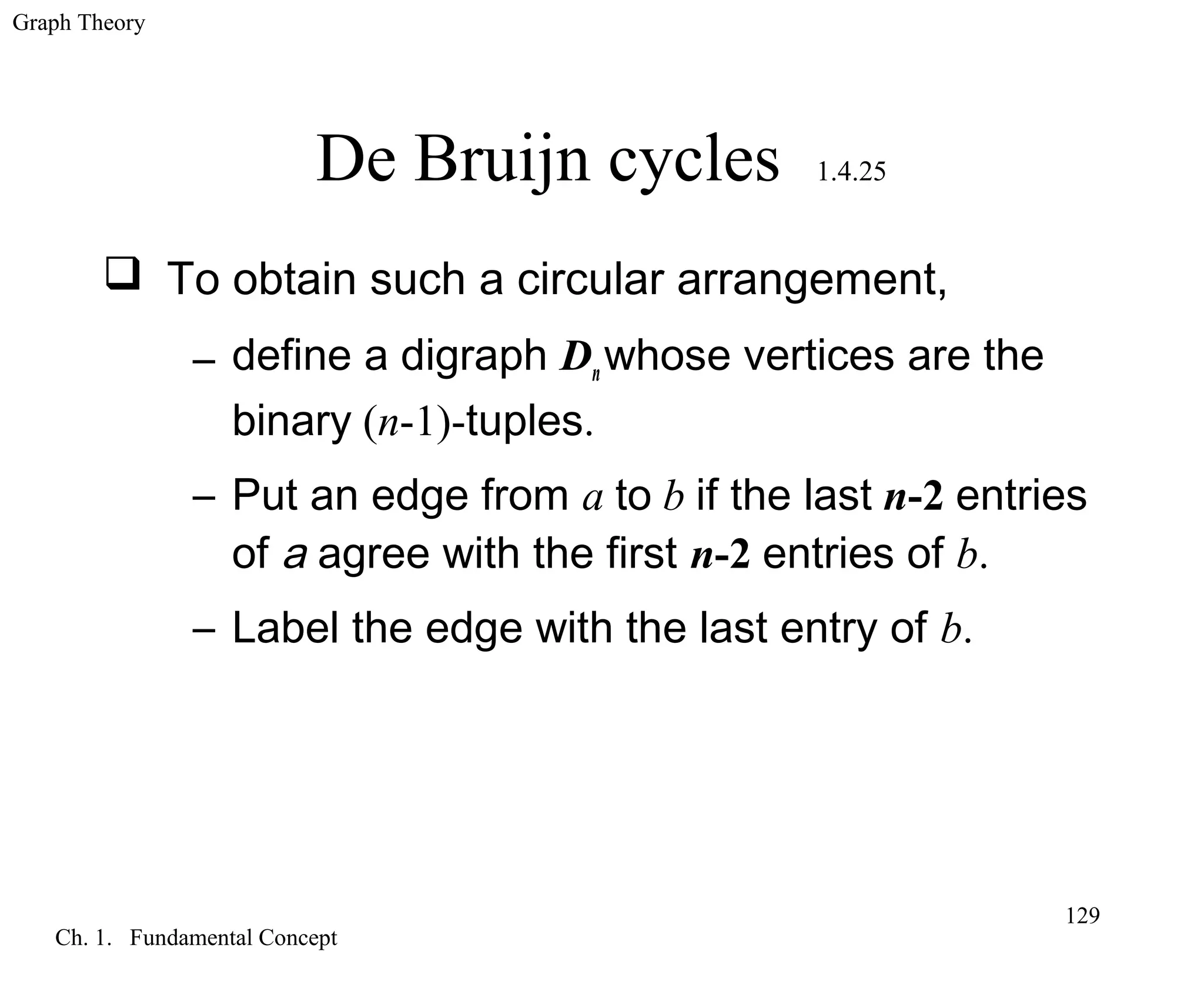 Graph Theory
Ch. 1. Fundamental Concept
129
De Bruijn cycles 1.4.25
 To obtain such a circular arrangement,
– define a digraph Dnwhose vertices are the
binary (n-1)-tuples.
– Put an edge from a to b if the last n-2 entries
of a agree with the first n-2 entries of b.
– Label the edge with the last entry of b.
 