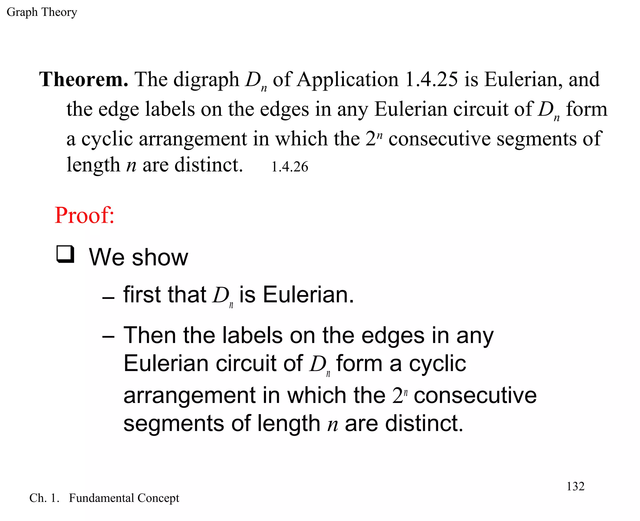 Graph Theory
Ch. 1. Fundamental Concept
132
Theorem. The digraph Dn of Application 1.4.25 is Eulerian, and
the edge labels on the edges in any Eulerian circuit of Dn form
a cyclic arrangement in which the 2n
consecutive segments of
length n are distinct. 1.4.26
Proof:
 We show
– first that Dn is Eulerian.
– Then the labels on the edges in any
Eulerian circuit of Dn form a cyclic
arrangement in which the 2n
consecutive
segments of length n are distinct.
 