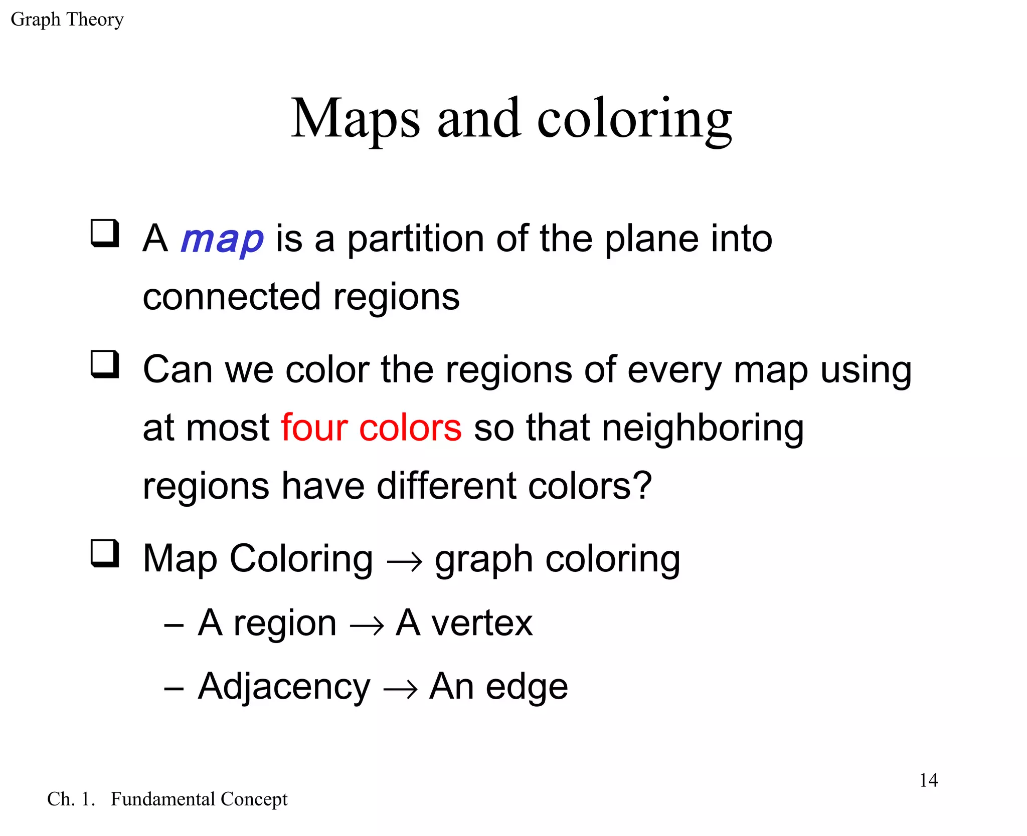 Graph Theory
Ch. 1. Fundamental Concept
14
Maps and coloring
 A map is a partition of the plane into
connected regions
 Can we color the regions of every map using
at most four colors so that neighboring
regions have different colors?
 Map Coloring → graph coloring
– A region → A vertex
– Adjacency → An edge
 