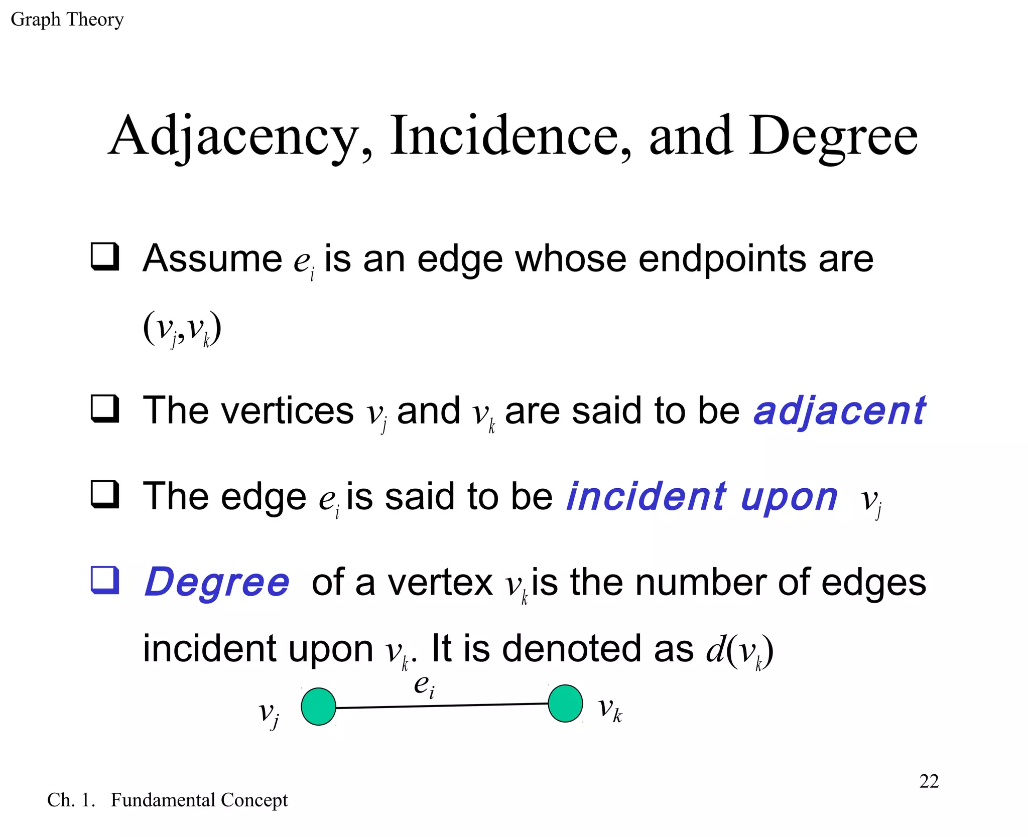 Graph Theory
Ch. 1. Fundamental Concept
22
Adjacency, Incidence, and Degree
 Assume ei is an edge whose endpoints are
(vj,vk)
 The vertices vj and vk are said to be adjacent
 The edge ei is said to be incident upon vj
 Degree of a vertex vkis the number of edges
incident upon vk. It is denoted as d(vk)
ei
vj
vk
 