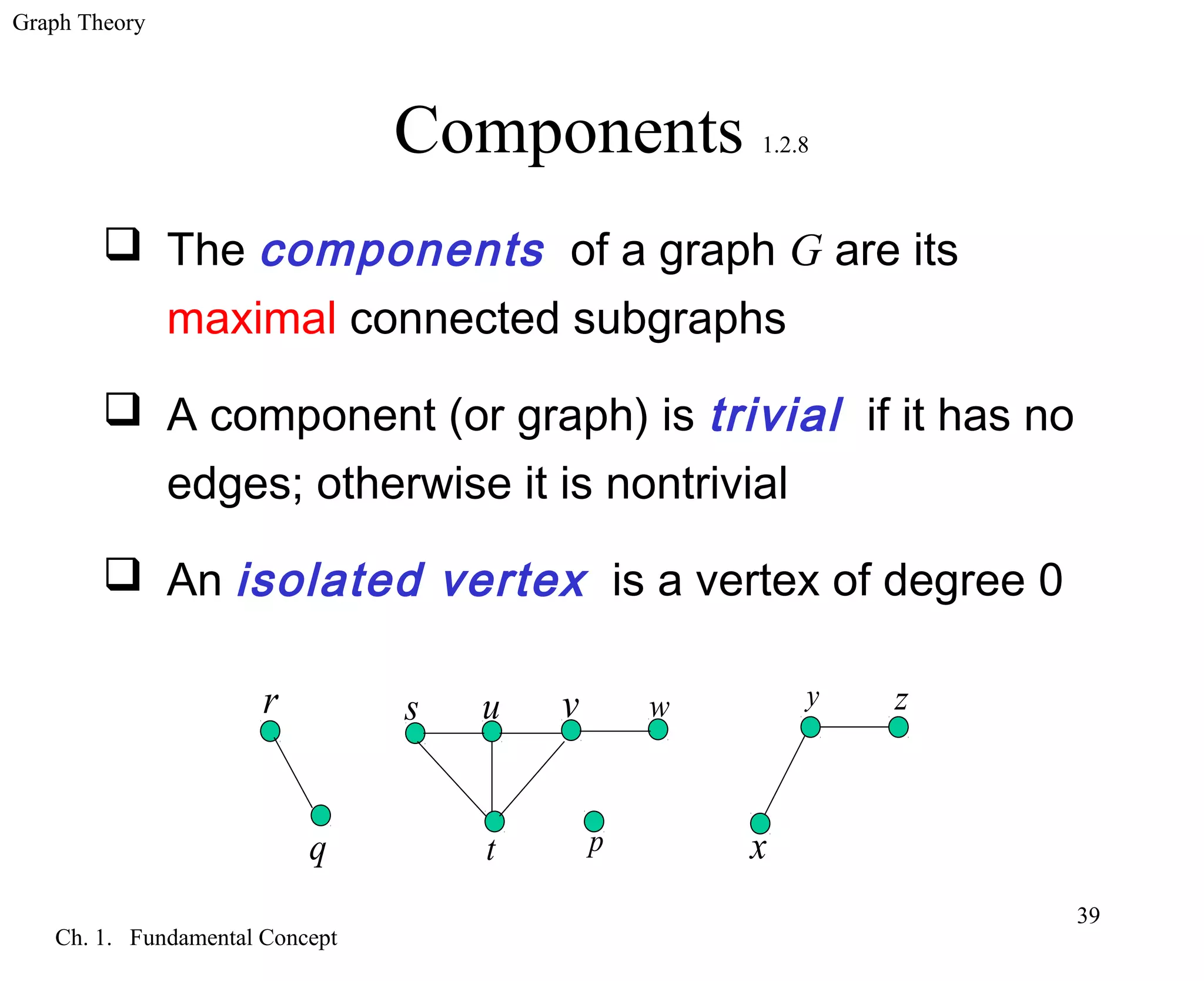 Graph Theory
Ch. 1. Fundamental Concept
39
Components 1.2.8
 The components of a graph G are its
maximal connected subgraphs
 A component (or graph) is trivial if it has no
edges; otherwise it is nontrivial
 An isolated vertex is a vertex of degree 0
r
q
s u v w
t p x
y z
 