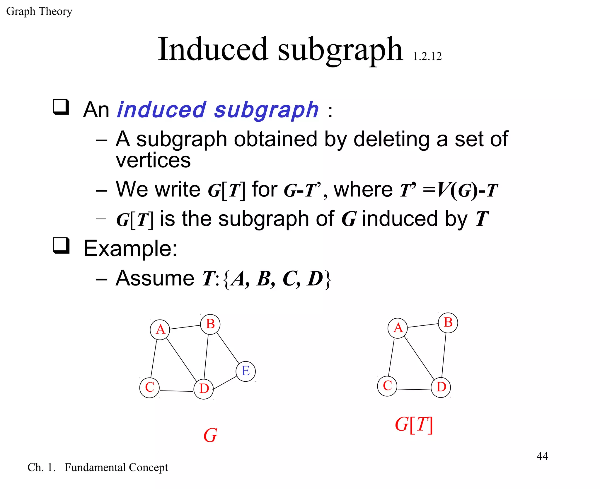 Graph Theory
Ch. 1. Fundamental Concept
44
Induced subgraph 1.2.12
 An induced subgraph :
– A subgraph obtained by deleting a set of
vertices
– We write G[T] for G-T’, where T’ =V(G)-T
– G[T] is the subgraph of G induced by T
 Example:
– Assume T:{A, B, C, D}
BA
C D
E
BA
C D
G[T]
G
 