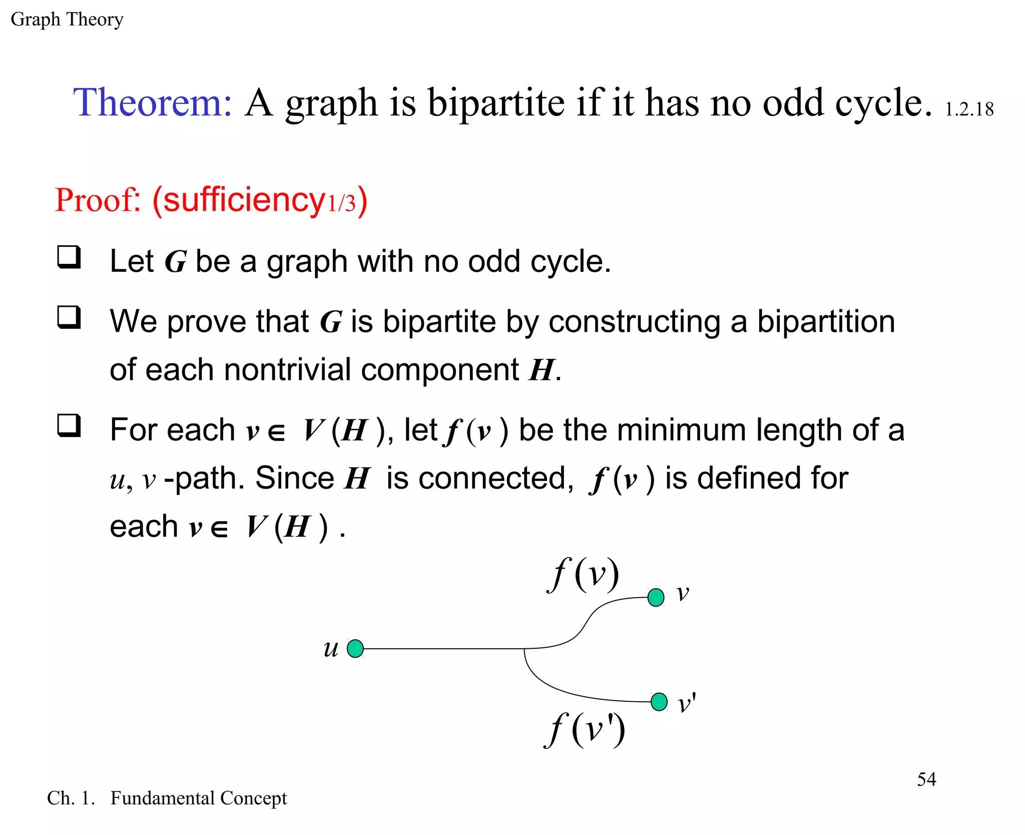Graph Theory
Ch. 1. Fundamental Concept
54
Theorem: A graph is bipartite if it has no odd cycle. 1.2.18
Proof: (sufficiency1/3)
 Let G be a graph with no odd cycle.
 We prove that G is bipartite by constructing a bipartition
of each nontrivial component H.
 For each v ∈ V (H ), let f (v ) be the minimum length of a
u, v -path. Since H is connected, f (v ) is defined for
each v ∈ V (H ) .
u
v
'v
( ')f v
( )f v
 