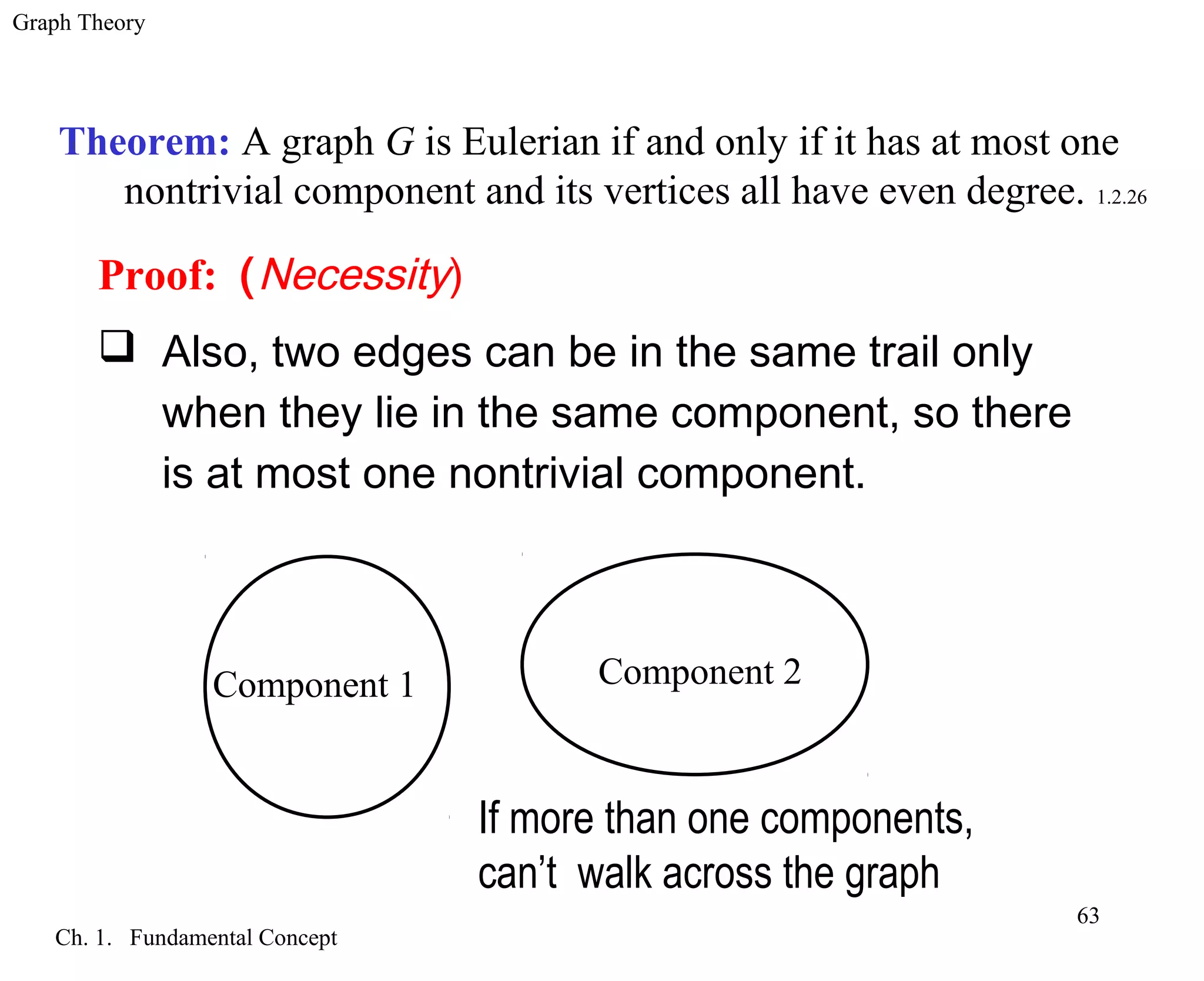 Graph Theory
Ch. 1. Fundamental Concept
63
Theorem: A graph G is Eulerian if and only if it has at most one
nontrivial component and its vertices all have even degree. 1.2.26
Proof: (Necessity)
 Also, two edges can be in the same trail only
when they lie in the same component, so there
is at most one nontrivial component.
Component 1 Component 2
If more than one components,
can’t walk across the graph
 