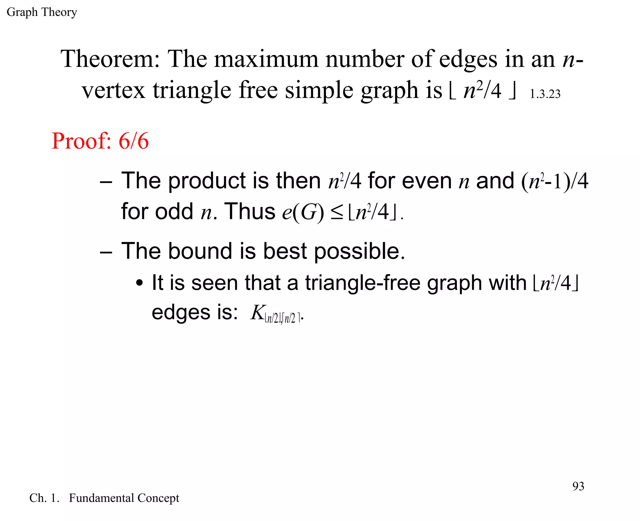 Graph Theory
Ch. 1. Fundamental Concept
93
Proof: 6/6
– The product is then n2
/4 for even n and (n2
-1)/4
for odd n. Thus e(G) ≤ n2
/4 .
– The bound is best possible.
• It is seen that a triangle-free graph with n2
/4
edges is: Kn/2,n/2.
Theorem: The maximum number of edges in an n-
vertex triangle free simple graph is  n2
/4  1.3.23
 
