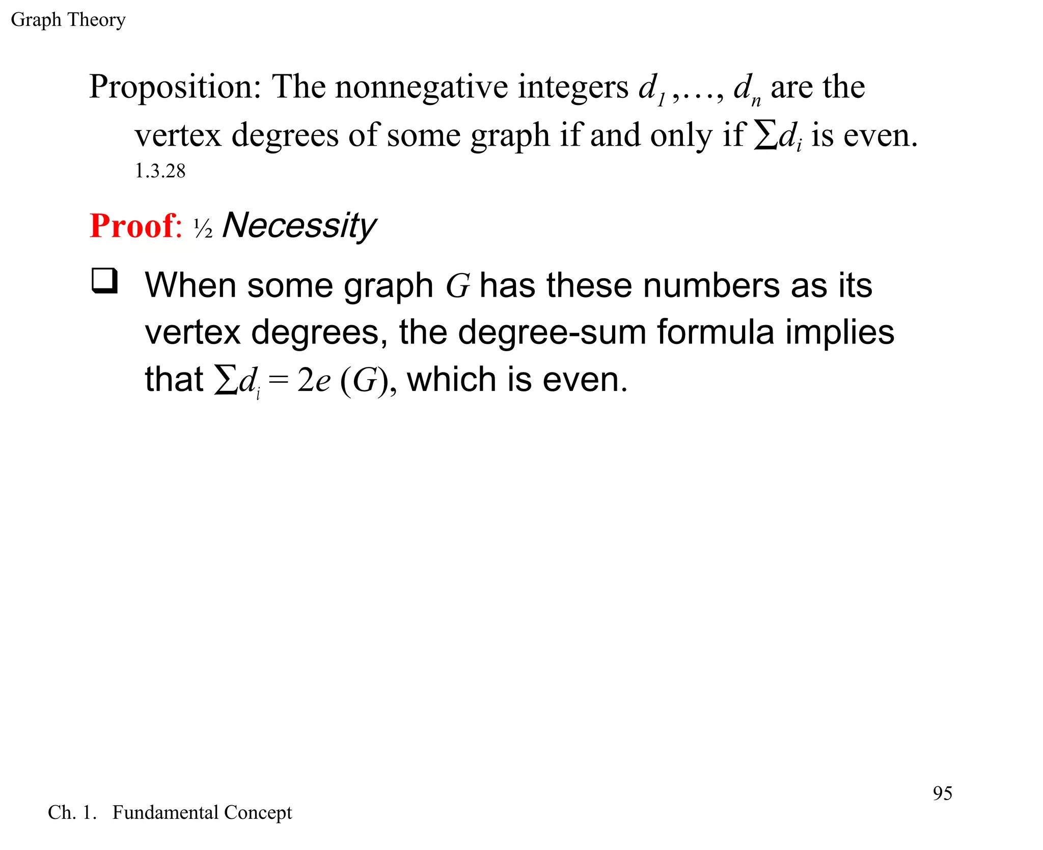 Graph Theory
Ch. 1. Fundamental Concept
95
Proposition: The nonnegative integers d1 ,…, dn are the
vertex degrees of some graph if and only if ∑di is even.
1.3.28
Proof: ½ Necessity
 When some graph G has these numbers as its
vertex degrees, the degree-sum formula implies
that ∑di = 2e (G), which is even.
 