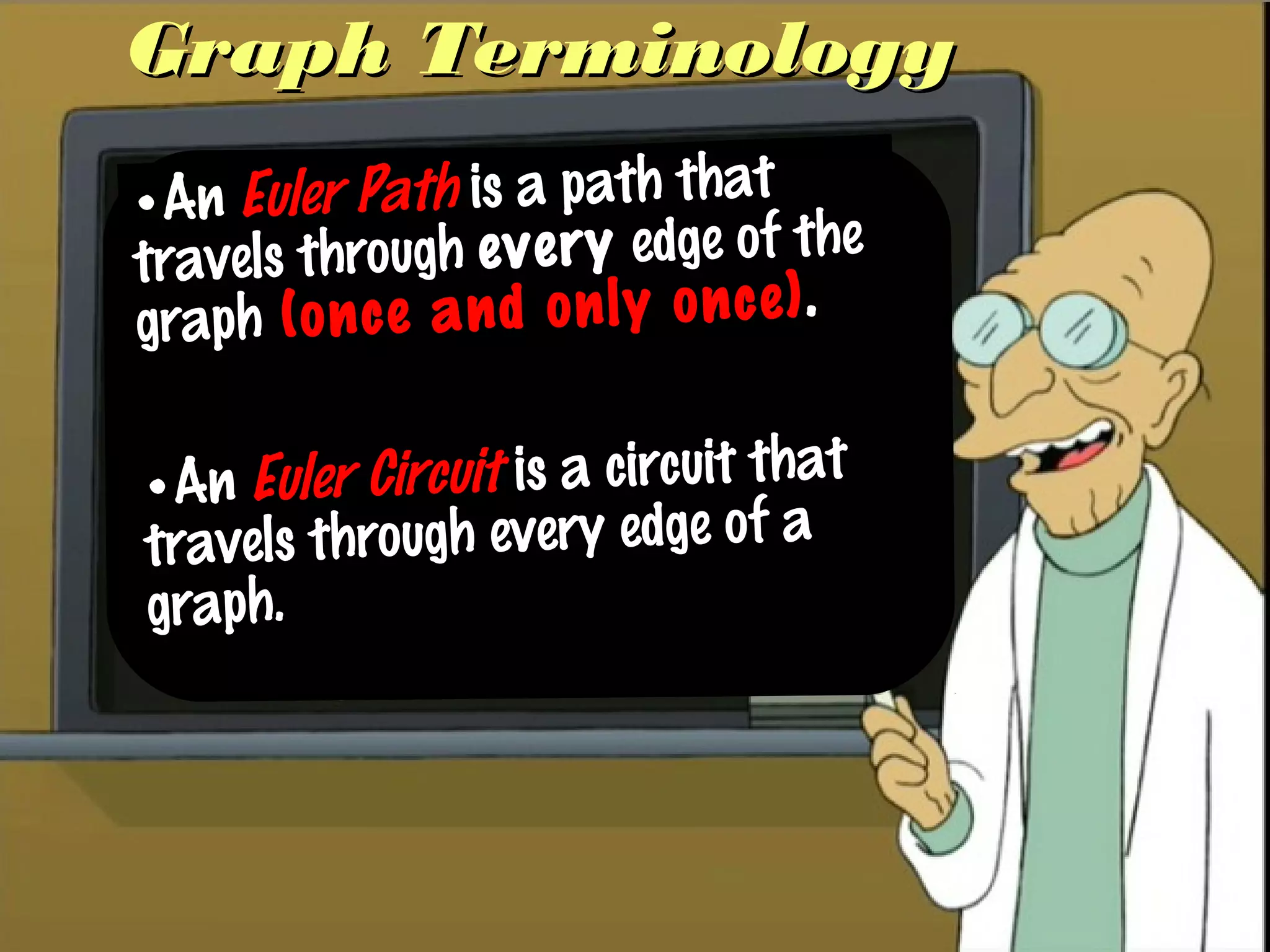 Graph TerminologyGraph Terminology
•An Euler Path is a path that
travels through every edge of the
graph (once and only once).
•An Euler Circuit is a circuit that
travels through every edge of a
graph.
 