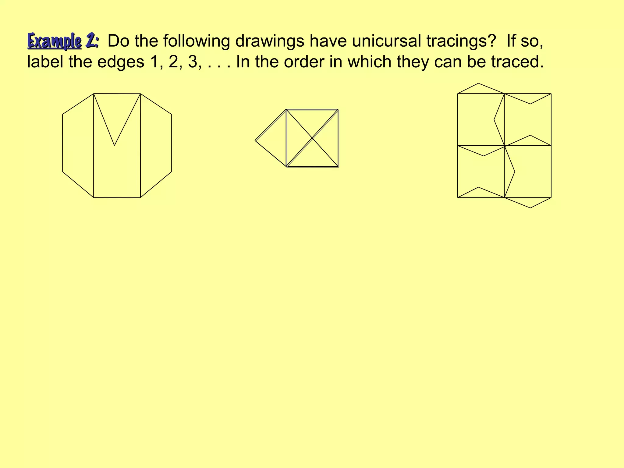 ExampleExample 2:2: Do the following drawings have unicursal tracings? If so,
label the edges 1, 2, 3, . . . In the order in which they can be traced.
 