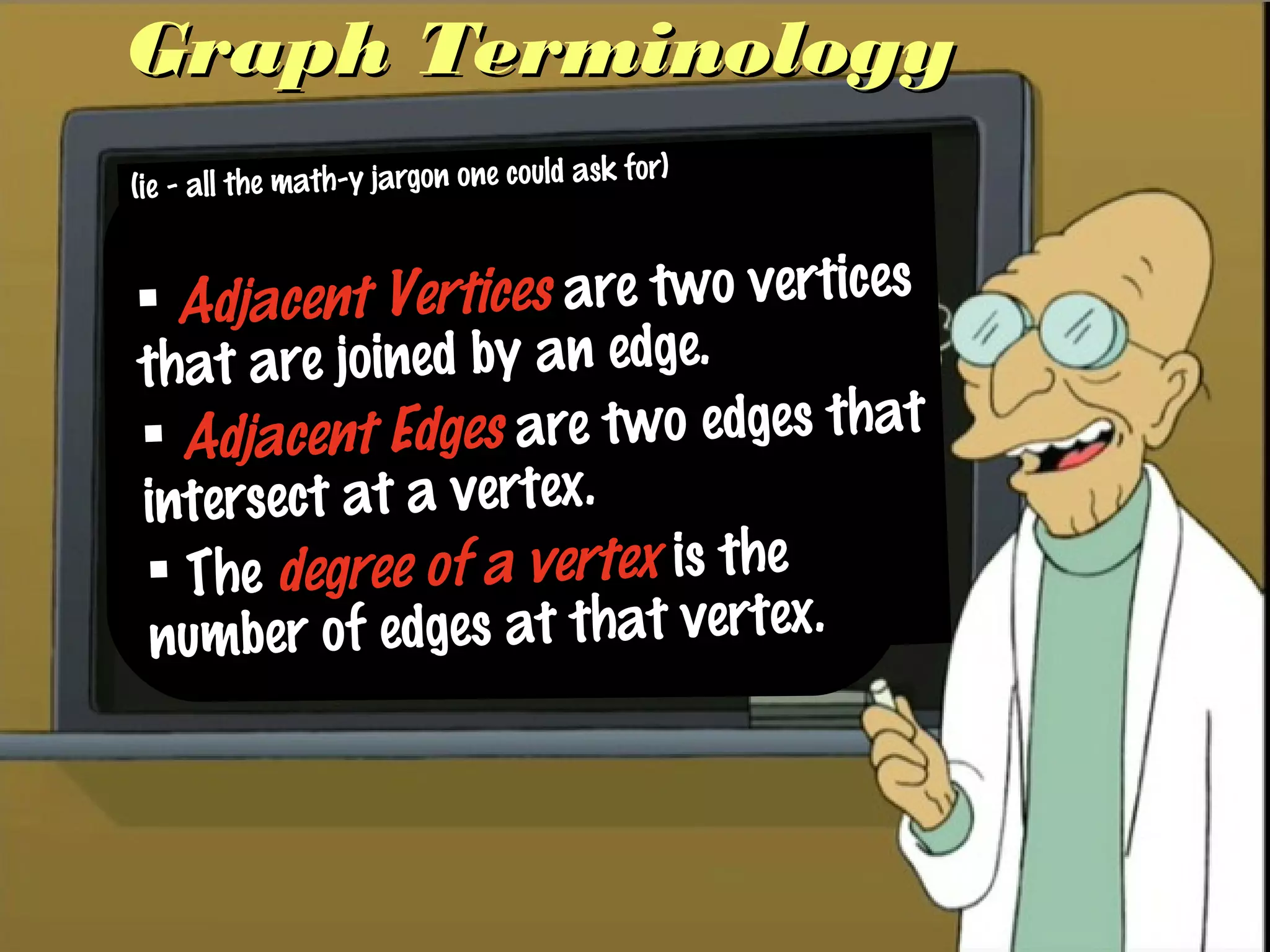 Graph TerminologyGraph Terminology
(ie - all the math-y jargon one could ask for)
 Adjacent Vertices are two vertices
that are joined by an edge.
 Adjacent Edges are two edges that
intersect at a vertex.
 The degree of a vertex is the
number of edges at that vertex.
 