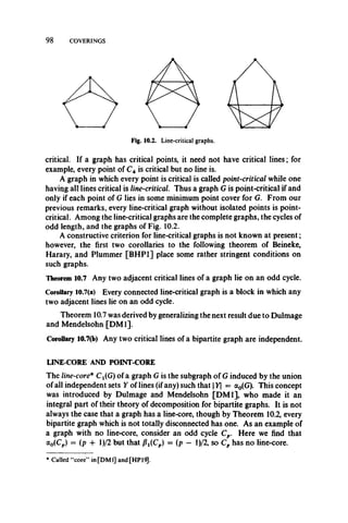 98 COVERINGS
critical. If a graph has critical points, it need not have critical lines; for
example, every point of C4 is critical but no line is.
A graph in which every point is critical is called point-critical while one
having all lines critical is line-critical Thus a graph G is point-critical if and
only if each point of G lies in some minimum point cover for G. From our
previous remarks, every line-critical graph without isolated points is point-
critical. Among the line-critical graphs are the complete graphs, the cycles of
odd length, and the graphs of Fig. 10.2.
A constructive criterion for line-critical graphs is not known at present;
however, the first two corollaries to the following theorem of Beineke,
Harary, and Plummer [BHP1] place some rather stringent conditions on
such graphs.
Theorem 10.7 Any two adjacent critical lines of a graph lie on an odd cycle.
Corollary 10.7(a) Every connected line-critical graph is a block in which any
two adjacent lines lie on an odd cycle.
Theorem 10.7 was derived by generalizing the next result due to Dulmage
and Mendelsohn [DM1].
Corollary 10.7(b) Any two critical lines of a bipartite graph are independent.
LINE-CORE AND POINT-CORE
The line-core* CX(G) of a graph G is the subgraph of G induced by the union
of all independent sets Y of lines (if any) such that | Y — a0(G). This concept
was introduced by Dulmage and Mendelsohn [DM1], who made it an
integral part of their theory of decomposition for bipartite graphs. It is not
always the case that a graph has a line-core, though by Theorem 10.2, every
bipartite graph which is not totally disconnected has one. As an example of
a graph with no line-core, consider an odd cycle Cp. Here we find that
ao(CP) — (P + l)/2 but that Pi(Cp) = (p — l)/2, so Cp has no line-core.
* Called “core” in [DM1] and [HP 19].
 