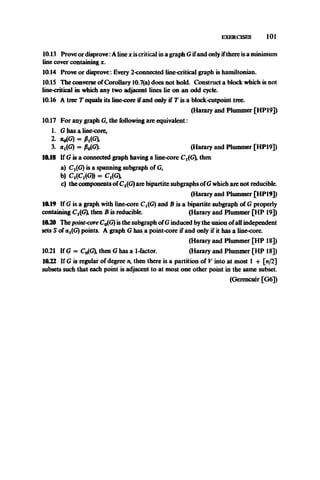 EXERCISES 101
10.13 Prove ordisprove:Aline x is critical in a graph Gifand only ifthere is a minimum
line cover containing x.
10.14 Prove or disprove: Every 2-connected line-critical graph is hamiltonian.
10.15 The converse of Corollary 10.7(a) does not hold. Construct a block which is not
line-critical in which any two adjacent lines lie on an odd cycle.
10.16 A tree T equals its line-core if and only if T is a block-cutpoint tree.
(Harary and Plummer [HP19])
10.17 For any graph G, the following are equivalent:
1. G has a line-core,
2. ao(G) = P tfl
3. at(G) = p0(G). (Harary and Plummer [HP19])
10.18 If G is a connected graph having a line-core C^G), then
a) Ct(G) is a spanning subgraph of G,
b) C ^ C m = Cj(GX
c) the components of Ct(G)are bipartite subgraphs ofG which are not reducible.
(Harary and Plummer [HP 19])
iai9 if g is a graph with line-core Ct(G) andB is a bipartite subgraph of G properly
containing Ct(G), then B is reducible. (Harary and Plummer [HP 19])
10.20 The point-coreC0(G) is the subgraph ofGinduced by the union ofall independent
sets S of aj(G) points. A graph G has a point-core if and only if it has a line-core.
(Harary and Plummer [HP 18])
10.21 If G = C0(G), then G has a 1-factor. (Harary and Plummer [HP 18])
10.22 If G is regular of degree n, then there is a partition of V into at most 1 + [n/2]
subsets such that each point is adjacent to at most one other point in the same subset.
(Gerencser [G6])
 