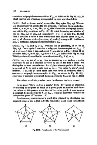 112 PLANARITY
contains a subgraph homeomorphic to K 33, as indicated in Fig. 11.11(a), in
which the two sets of vertices are indicated by open and closed dots.
CASE 2. Both vertices wxand Wxare on either Z(u^ v0) or Z(vq, u0). Without
loss of generality we assume the first situation. There are two possibilities:
either vx # w'0 or vx = W0. If vx # wj>, then G contains a subgraph homeo­
morphic to K 33, as shown in Fig. 11.11(b) or (c), depending on whether W0
lies on Z(ux,v x) or Z(vl9 ux respectively. If vx = w'0 (see Fig. 11.1 Id),
then H contains a vertex r from which there exist disjoint paths to wl9 w'l9
and vl9 all of whose vertices (except wi9 w'l9and vx) belong to H. In this case
also, G contains a subgraph homeomorphic to K 3 3.
CASE 3. wx = v0 and Wx # u0. Without loss of generality, let Wx be on
Z(uo, v0). Once again G contains a subgraph homeomorphic to K 33. If
w'0 is on (V& vt then G has a subgraph K 3t3 as shown in Fig. 11.11(e). I£ on
the other hand, w'0 is on Z(vl9 u0%there is a X 3 3 as indicated in Fig. 11.11(f).
This figure is easily modified to show G contains K 3 3 if w'0 = vt.
CASE 4. wx = v0 and w = ti0. Here we assume w0 = ut and w'Q = vu for
otherwise we are in a situation covered by one of the first 3 cases. We
distinguish between two subcases. Let P0 be a shortest path in H from u0
to Vq, and let Px be such a path from ux to vx. The paths P0 and P x must
intersect. If P0 and P x have more than one vertex in common, then G
contains a subgraph homeomorphic to K 3 39 as shown in Fig. 11.11(g);
otherwise, G contains a subgraph homeomorphic to K 5 as in Fig. 11.11(h).
Since these are all the possible cases, the theorem has been proved.
In his paper “How to draw a graph,” Tutte [T17] gives an algorithm
for drawing in the plane as much of a given graph as possible and shows
that whenever this process stops short of the entire graph, it must contain
a subgraph homeomorphic to K s or X 3 3. Thus his algorithm furnishes an
independent proof of Theorem 11.13.
An elementary contraction of a graph G is obtained by identifying two
adjacent points u and vythat is, by the removal of u and v and the addition
Fig. 11.12. Nonplanarity of the Petersen graph.
 