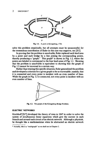 2 DISCOVERY!
Fig. 1.1. A park in Konigsberg, 1736.
solve this problem empirically, but all attempts must be unsuccessful, for
the tremendous contribution of Euler in this case was negative, see [E5].
In proving that the problem is unsolvable, Euler replaced each land area
by a point and each bridge by a line joining the corresponding points,
thereby producing a “graph.” This graph* is shown in Fig. 1.2, where the
points are labeled to correspond to the four land areas of Fig. 1.1. Showing
that the problem is unsolvable is equivalent to showing that the graph of
Fig. 1.2 cannot be traversed in a certain way.
Rather than treating this specific situation, Euler generalized the problem
and developed a criterion for a given graph to be so traversable; namely, that
it is connected and every point is incident with an even number of lines.
While the graph in Fig. 1.2 is connected, not every point is incident with an
even number of lines.
Fig. 1.2. The graph of the Konigsberg Bridge Problem.
ELECTRIC NETWORKS
Kirchhoff [K7] developed the theory of trees in 1847 in order to solve the
system of simultaneous linear equations which give the current in each
branch and around each circuit of an electric network. Although a physicist,
he thought like a mathematician when he abstracted an electric network
* Actually, this is a “multigraph” as we shall see in Chapter 2.
 