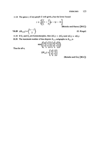 EXERCISES 125
11.28 The genus y of any graph G with girth g has the lower bound
*11.29 y(Kt - ( n ~n,n,n) ( ^ J '
(Beineke and Harary [BH2])
(G. Ringel)
11.30 If Gxand G2are homeomorphic, then £(GX) = £(G2) and vfGJ = v(G2).
11.31 The maximum number of line-disjoint K3>3 subgraphs in Kmnis
Thus for all n,
. ( Y m Y Y n T
I)
(Beineke and Guy [BG1])
 