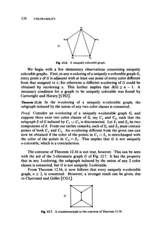 138 COLORABILITY
G:
Fig. 12.6. A uniquely colorable graph.
We begin with a few elementary observations concerning uniquely
colorable graphs. First, in any n-coloring of a uniquely n-colorable graph G,
every point v of G is adjacent with at least one point of every color different
from that assigned to v; for otherwise a different n-coloring of G could be
obtained by recoloring v. This further implies that 5(G) > n — 1. A
necessary condition for a graph to be uniquely colorable was found by
Cartwright and Harary [CH2].
Theorem 12.16 In the n-coloring of a uniquely n-colorable graph, the
subgraph induced by the union of any two color classes is connected.
Proof. Consider an n-coloring of a uniquely n-colorable graph G, and
suppose there exist two color classes of G, say Cx and C2, such that the
subgraph S of G induced by C x u C2 is disconnected. Let S x and S2 be two
components of S. From our earlier remarks, each of St and S2 must contain
points of both Cx and C2. An n-coloring different from the given one can
now be obtained if the color of the points in C x n S t is interchanged with
the color of the points in C2 n S v This implies that G is not uniquely
n-colorable, which is a contradiction.
The converse of Theorem 12.16 is not true, however. This can be seen
with the aid of the 3-chromatic graph G of Fig. 12.7. It has the property
that in any 3-coloring, the subgraph induced by the union of any 2 color
classes is connected, but G is not uniquely 3-colorable.
From Theorem 12.16, it now follows that every uniquely n-colorable
graph, n > 2, is connected. However, a stronger result can be given, due
to Chartrand and Geller [CG I].
G:
Fig. 12.7. A counterexample to the converse of Theorem 12.16.
 
