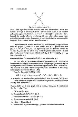 146 COLORABILITY
V2
V4 v3
Fig. 12.14. A labeled copy of K lA.
Proof. The equation follows directly from two observations. First, the
number of ways of coloring G from l colors where u and v are colored
differently is precisely the number of ways of coloring G + uv from l colors.
Second, the number of ways of coloring G from 1 colors where u and v are
colored the same is exactly the number of ways of coloring the homomorphic
image eG from l colors, where e identifies u and v.
This theorem now implies that if G is any noncomplete (p, q) graph, then
there are graphs Gx with q 4 1 lines and G2 with p — 1 points such that
/(G, t) = f{G u t) + /(G 2, t). The equation (12.22) can then be applied to
Gx and G2, and so on, until only complete graphs are present. Hence
/(G, i) is the sum of expressions of the formf( K p, t). Howeverf( K p, t) = tip)
is a polynomial in l.
Corollary 12.32(a) For any graph G,/(G, l) is a polynomial in 1.
We thus refer to /(G , 1) as the chromatic polynomial of G. To illustrate
the theorem, we employ a device introduced by Zykov [Z l] where a diagram
of the graph is used to denote its chromatic polynomial, with t understood.
We indicate by u and v the nonadjacent points considered at each step,
following the exposition of Read [R6].
Thus for the graph G of Fig. 12.15,
/(G, t) = 1(5) -h 3l(4) + 1(3) = l5 —7l4 + 18l3 —20l2 -f 8l.
In particular, the number of ways of coloring G from 3 colors is/(G, 3) = 6.
There are several properties of chromatic polynomials which now follow
directly from Theorem 12.32.
Theorem 12.33 Let G be a graph with p points, q lines, and k components
G1# G2, , Gk. Then
1. /(G , l) has degree p.
2. The coefficient of tp in/(G , 1) is 1.
3. The coefficient of tp~1 in/(G , l) is —q.
4. The constant term in/(G , i) is 0.
5. f(G , t) = n?=1/(G f, t).
6. The smallest exponent of 1in /(G, 1) with a nonzero coefficient is k.
 