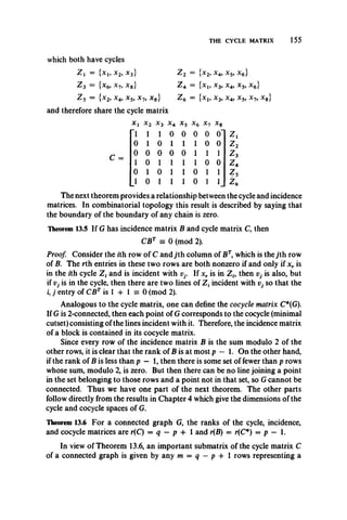 THE CYCLE MATRIX 155
which both have cycles
Zj = {xu x2, x 3}
Z 3 = {x6, x7, x8}
^ 5 = {*2> X5, X7, X8 }
and therefore share the cycle matrix
Z 2 = {x 2, x4, x5, x6}
Z4 = {xl9 x3, x4, x5, x6}
Z 6 = {Xj, x3, x4, x5, x7, x8}
C =
Xi x2x3 x4 x5x6 x7 x8
"1 1 1 0 0 0 0 0‘
0 1 0 1 1 1 0 0
0 0 0 0 0 1 1 1
1 0 1
0 1 0
1 0 1
1 1
1 1
1 1
1 0 0
1 1
1 1
Zi
Z 2
Z 3
Z4
^5
The next theorem provides a relationship between the cycle and incidence
matrices. In combinatorial topology this result is described by saying that
the boundary of the boundary of any chain is zero.
Theorem 13.5 If G has incidence matrix B and cycle matrix C, then
CBt = 0 (mod 2).
Proof. Consider the ith row of C and jth column of BT, which is the jth row
of B. The rth entries in these two rows are both nonzero if and only if xr is
in the ith cycle Z f and is incident with If xr is in Zf, then Vj is also, but
if Vj is in the cycle, then there are two lines of Z fincident with Vj so that the
i, j entry of CBT is 1 + 1 = 0 (mod 2).
Analogous to the cycle matrix, one can define the cocycle matrix C*(G).
If G is 2-connected, then each point of G corresponds to the cocycle (minimal
cutset) consisting ofthe lines incident with it. Therefore, the incidence matrix
of a block is contained in its cocycle matrix.
Since every row of the incidence matrix B is the sum modulo 2 of the
other rows, it is clear that the rank of B is at most p — 1. On the other hand,
if the rank of B is less than p — 1, then there is some set of fewer than p rows
whose sum, modulo 2, is zero. But then there can be no line joining a point
in the set belonging to those rows and a point not in that set, so G cannot be
connected. Thus we have one part of the next theorem. The other parts
follow directly from the results in Chapter 4 which give the dimensions of the
cycle and cocycle spaces of G.
Theorem 13.6 For a connected graph G, the ranks of the cycle, incidence,
and cocycle matrices are r(C) = q — p + 1 and r(B) = r(C*) = p — 1.
In view of Theorem 13.6, an important submatrix of the cycle matrix C
of a connected graph is given by any m = q — p + 1 rows representing a
 