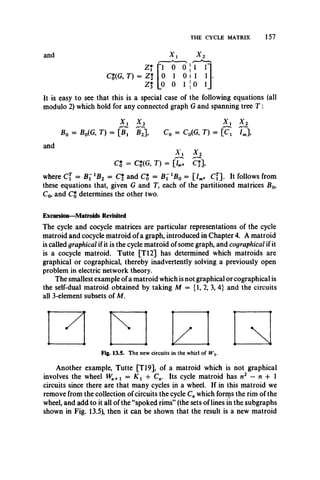 THE CYCLE MATRIX 157
an d X { X 2
z* 'i 0 0 1 1“
C%(G, T) = Z* 0 1 0 1 1
z t 0 0 1 0 1
It is easy to see that this is a special case of the following equations (all
modulo 2) which hold for any connected graph G and spanning tree T :
Xi x2 *2
£ 0 = f*0(G, T) = K f lj, C0 = C0(G, T) = [Ci 7 j ,
and
& * 2
C% = CJ(G, T) = £ CJ1
where C[ = B l 1B2 = C and CJ = B i lB0 = [ /w* C []. It follows from
these equations that, given G and T, each of the partitioned matrices £ 0,
C0, and CJ determines the other two.
Excursion—Matroids Revisited
The cycle and cocycle matrices are particular representations of the cycle
matroid and cocycle matroid of a graph, introduced in Chapter 4. A matroid
is called graphical if it is the cycle matroid of some graph, and cographical if it
is a cocycle matroid. Tutte [T12] has determined which matroids are
graphical or cographical, thereby inadvertently solving a previously open
problem in electric network theory.
The smallest example ofa matroid which is not graphical or cographical is
the self-dual matroid obtained by taking M = {1, 2, 3, 4} and the circuits
all 3-element subsets of Af.
Fig. 13.5. The new circuits in the whirl of W5.
Another example, Tutte [T19], of a matroid which is not graphical
involves the wheel Wn+l = + C„. Its cycle matroid has n2 — n 4-1
circuits since there are that many cycles in a wheel. If in this matroid we
remove from the collection of circuits the cycle C„ which forms the rim of the
wheel, and add to it all of the “spoked rims” (the sets of lines in the subgraphs
shown in Fig. 13.5), then it can be shown that the result is a new matroid
 