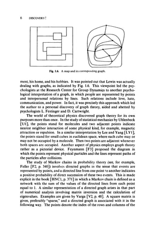 6 DISCOVERY!
Fig. 1.6. A map and its corresponding graph.
ment, his home, and his hobbies. It was pointed out that Lewin was actually
dealing with graphs, as indicated by Fig. 1.6. This viewpoint led the psy­
chologists at the Research Center for Group Dynamics to another psycho­
logical interpretation of a graph, in which people are represented by points
and interpersonal relations by lines. Such relations include love, hate,
communication, and power. In fact, it was precisely this approach which led
the author to a personal discovery of graph theory, aided and abetted by
psychologists L. Festinger and D. Cartwright.
The world of theoretical physics discovered graph theory for its own
purposes more than once. In the study of statistical mechanics by Uhlenbeck
[U l], the points stand for molecules and two adjacent points indicate
nearest neighbor interaction of some physical kind, for example, magnetic
attraction or repulsion. In a similar interpretation by Lee and Yang [LY1],
the points stand for small cubes in euclidean space, where each cube may or
may not be occupied by a molecule. Then two points are adjacent whenever
both spaces are occupied. Another aspect of physics employs graph theory
rather as a pictorial device. Feynmann [F3] proposed the diagram in
which the points represent physical particles and the lines represent paths of
the particles after collisions.
The study of Markov chains in probability theory (see, for example,
Feller [F2, p. 340]) involves directed graphs in the sense that events are
represented by points, and a directed line from one point to another indicates
a positive probability of direct succession of these two events. This is made
explicit in the book [HNC1, p. 371] in which a Markov chain is defined as a
network with the sum of the values of the directed lines from each point
equal to 1. A similar representation of a directed graph arises in that part
of numerical analysis involving matrix inversion and the calculation of
eigenvalues. Examples are given by Varga [V2, p. 48]. A square matrix is
given, preferably “sparse,” and a directed graph is associated with it in the
following way. The points denote the index of the rows and columns of the
 