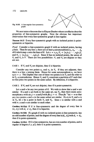 172 GROUPS
* 2 . 3
Fig. 14.10. A line-regular line-symmetric
graph.
We next state a theorem due to Elayne Dauber whose corollaries describe
properties of line-symmetric graphs. Note the obvious but important
observation that every line-symmetric graph is line-regular.
Theorem 14.12 Every line-symmetric graph with no isolated points is point-
symmetric or bipartite.
Proof. Consider a line-symmetric graph G with no isolated points, having
q lines. Then for any line x, there are at least q automorphisms olx, a2, • • •, aq
ofG which map x onto the lines of G. Letx = vxv2,Vx = {«i(t>i), • **, a*(t>i)},
and V2 = {ai(tf2)>**•, 0Lq{v2)}. Since G has no isolated points, the union of
Vx and V2 is V. There are two possibilities: Vx and V2 are disjoint or they
are not.
CASE 1. If and V2 are disjoint, then G is bipartite.
Consider any two points ux and wx in Vx. If they are adjacent, then
there is a line y joining them. Hence for some automorphism ocif we have
= y- This implies that one of these two points is in Vx and the other is
in V2, a contradiction. Hence Vx and V2 constitute a partition of V such that
no line joins two points in the same subset. By definition, G is*bipartite.
CASE 2. If Vx and V2 are not disjoint, then G is point-symmetric.
Let u and w be any two points of G. We wish to show that u and w are
similar. If u and w are both in the same set, say Vx, then there exists auto­
morphism a with a(Pj) = u and /? with P(vx) = w. Thus/tor^t/) = w so that
any two points u and w in the same subset are similar. If u is in Vy and w is
in V2, let i? be a point in both Vx and V2. Since v is similar with u and
with w, u and w are similar to each other.
Corollary 14.12(a) If G is line-symmetric and the degree of every line is
(dx, d2) with dx d2,then G is bipartite.
Corollary 14.12(b) If a graph G with no isolated points is line-symmetric, has
an odd number of points, and the degree of every line is (dXi d2) with dx = d2,
then G is point-symmetric.
Corollary 14.12(c) If G is line-symmetric, has an even number of points, and is
regular of degree d > p/2, then G is point-symmetric.
 