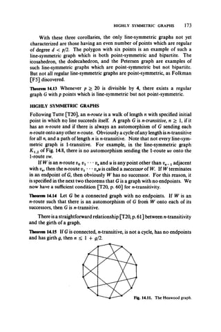 HIGHLY SYMMETRIC GRAPHS 173
With these three corollaries, the only line-symmetric graphs not yet
characterized are those having an even number of points which are regular
of degree d < p/2. The polygon with six points is an example of such a
line-symmetric graph which is both point-symmetric and bipartite. The
icosahedron, the dodecahedron, and the Petersen graph are examples of
such line-symmetric graphs which are point-symmetric but not bipartite.
But not all regular line-symmetric graphs are point-symmetric, as Folkman
[F5] discovered.
Theorem 14.13 Whenever p > 20 is divisible by 4, there exists a regular
graph G with p points which is line-symmetric but not point-symmetric.
HIGHLY SYMMETRIC GRAPHS
Following Tutte [T20], an n-route is a walk of length n with specified initial
point in which no line succeeds itself. A graph G is n-transitive, w > 1, if it
has an n-route and if there is always an automorphism of G sending each
n-route onto any other n-route. Obviously a cycle ofany length is n-transitive
for all n, and a path of length n is n-transitive. Note that not every line-sym­
metric graph is 1-transitive. For example, in the line-symmetric graph
K x>2 of Fig. 14.8, there is no automorphism sending the 1-route uv onto the
1-route vw.
If W is an n-route v0 vx • *- v„and u is any point other than vn_ x adjacent
with vn, then the n-route vx • • *vnu is called a successor of W. If W terminates
in an endpoint of G, then obviously W has no successor. For this reason, it
is specified in the next two theorems that G is a graph with no endpoints. We
now have a sufficient condition [T20, p. 60] for n-transitivity.
Theorem 14.14 Let G be a connected graph with no endpoints. If W is an
n-route such that there is an automorphism of G from W onto each of its
successors, then G is n-transitive.
There is a straightforward relationship [T20, p. 61] between n-transitivity
and the girth of a graph.
Theorem 14.15 If G is connected, n-transitive, is not a cycle, has no endpoints
and has girth g, then n < 1 4- g/2.
 